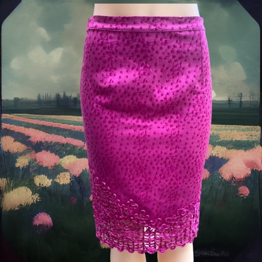 Vera Cristina Size 6 Magenta Pink Ostrich Print Soutache Trim Silk Pencil Skirt